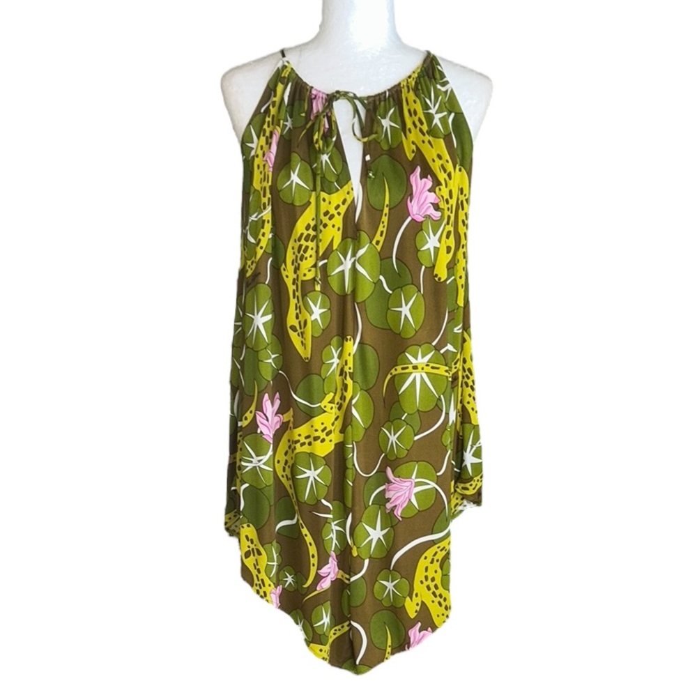 Mara Hoffman Vintage Lizard Lily Pad Print Tie Neck Cutout Mini Slip Dress - S